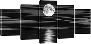 Wieco Art Sea White Full Moon in Night Canvas Print Wall Art Black and W...