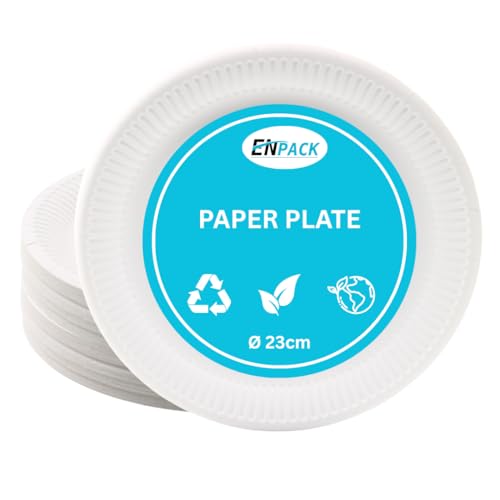 Enpack 1000 Stück Einweg Teller aus Papier 23cm - Einwegteller in weiß - Pappteller Geburtstag - Einweggeschirr umweltfreundlich & nachhaltig - Einmal Teller für Partys - bio plates