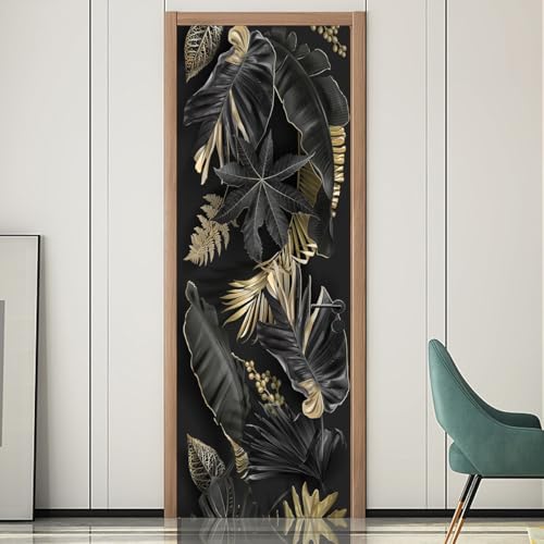 3D Puerta Murales Pegatinas Hoja de plátano negra dorada Papel Pintado Puertas Autoadhesivo Vinilos,para Cocina Sala deBaño Decorativos 77x200cm