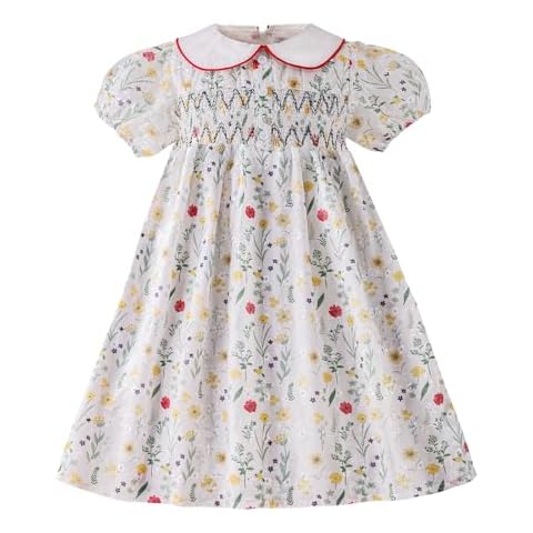 Toddler Christmas Dress 6-7 t Girl Easter Vintage Summer Dress Birthday Smocked Party Tutu Floral Peter Pan Collar Puff Sleeve Little Girl Dresses Red, for Girl Cover