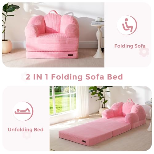 Image of MAXYOYO Folding Sofa Bed, Floral-Shaped Convertible Floor Sofa Couch with Backrest, 2 in 1 Comfy Lounger Bean Bag Chair with Handle, Floor Single Couch for Living Room Bedroom, Pink