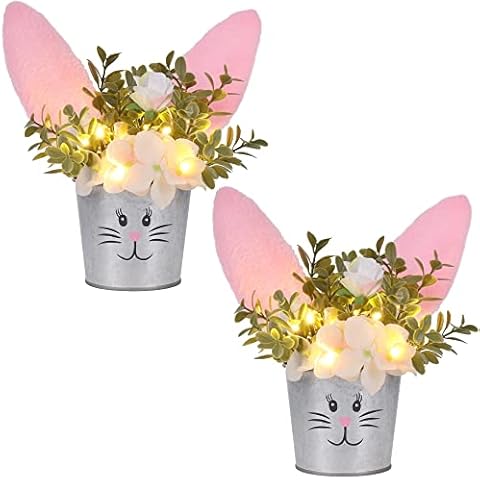Prsildan 2 Pcs Easter Decorations Artificial Flower with Bunny Ear, Lighted Easter Table Decor Bunny Flowers, Easter Tabletop Decorations for Home Table Mantle Office Spring Party Cover