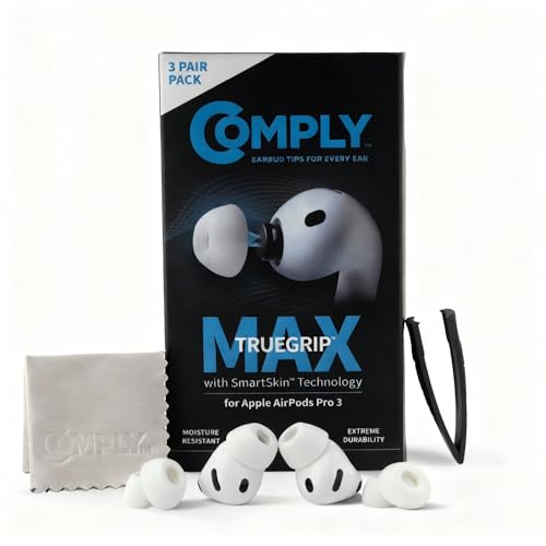 Image of Comply TrueGrip MAX | Premium Memory Foam Replacement Earbud Tips for Apple AirPods Pro Gen 3 | Long Lasting Comfort, MAX Durability, Secure Fit, Superior Noise Isolation| White (Large) (3 Pairs)