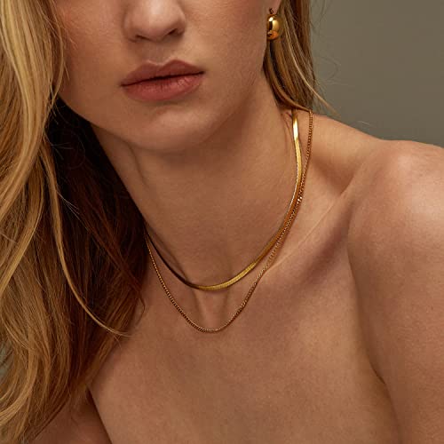 Layered Gold Necklaces For Women, 14K Gold Plated Herringbone Necklace For Women Trendy Simple Handmade Snake Cuban Link Chain Necklace Gold Layered Choker Necklaces For Women Girls Jewelry Gifts #TOP1