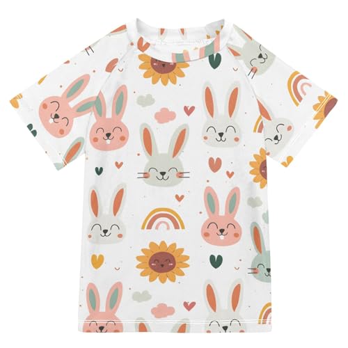 ALAZA Kids Rash Guard Boys Toddler Swim Shirts Short Sleeve Rabbit and Rainbow UPF 50+ 3T