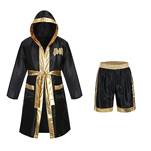 maxToonrain Costume de boxeur, costume d'Halloween pour adulte, costume de boxe à capuche avec impression de taches, robe + boxer, tenue (or, taille L)