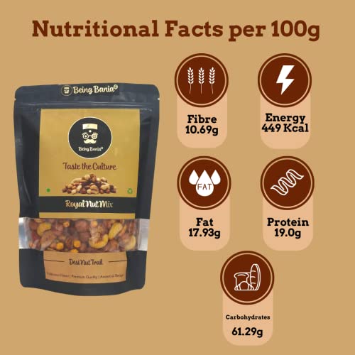 Image of Being Bania Royal Nut Mix | No Palmolein Oil | Cashews, Almonds, Peanuts, Chickpeas, Green Gram Mix | Kaju Badaam Namkeen | Desi Trail Mix | Premium Namkeen Chakna | 280g each (Pack of 2)