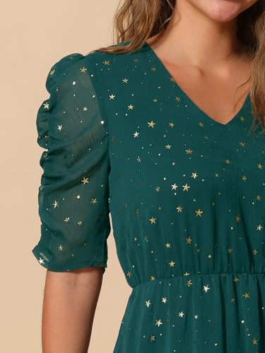 Image of Allegra K Chiffon Dress for Women's Metallic Stars Ruched Sleeve V Neck A-line Dress