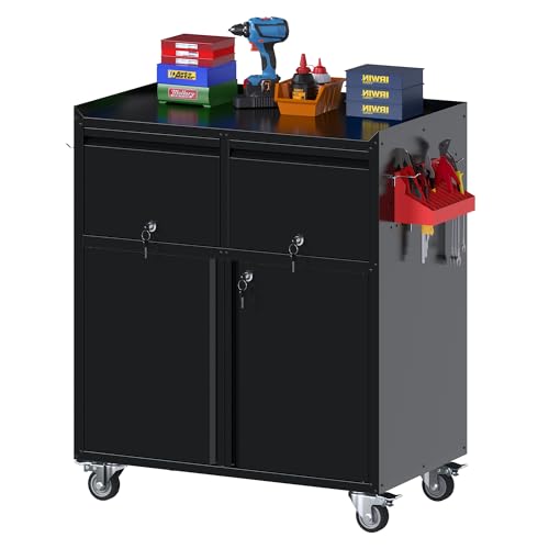 Image of Metal Tool Cabinet with 2 Drawers, Adjustable Shelf & Wheels, Black