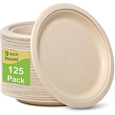 Compostable Paper Plates 9 Inch, 125 Pack Disposable Plates for Party, Paper Plates Heavy Duty, Eco Friendly Plates Brown Paper Plates Cover