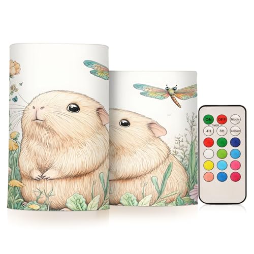 Image of ALAZA Guinea Pig Dragonfly Flower Spring Flickering Flameless Candles Battery Operated with Remote Timer,Tea Light Candles LED Pillar Votive Candles Set of 2 for Outdoor Indoor Decorations