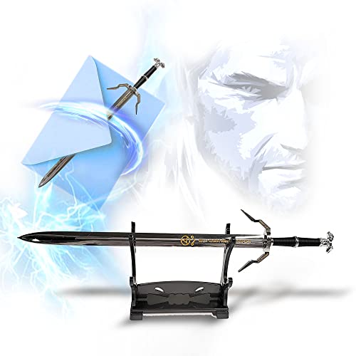 Witcher - Geralt de Riv Épée d'argent Épée Ouvre-lettre avec support Épée miniature, Épée d'argent Cadeau de jeu vidéo pour les fans, les joueurs et les collectionneurs Cover