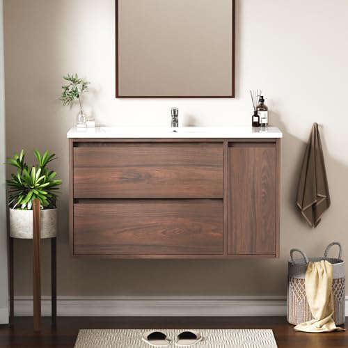 Image of LDarqeer 900mm Wall Mounted Bathroom Vanity Unit with Basin, Ceramic Basin, Modern Walnut Wood Grain Design, Bathroom Sink Cabinet with 2 Soft-Close Full Extension Drawers and Doors, Single Tap Hole