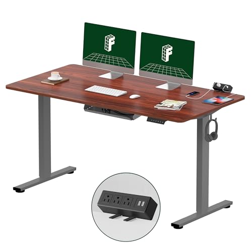 Image of FLEXISPOT EN2 55 inchx28 inch Standing Desk with Power Strip Bundle, Mahogany