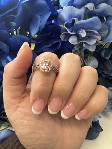 LE VIAN 1/4 Carat White and Chocolate Diamond Halo Ring for Women with 2/3 Carat Cushion Cut Champagne Morganite | 14k Rose Gold Ring for Her (White, Brown, 0.27 cttw) Promise Wedding Band Size 62