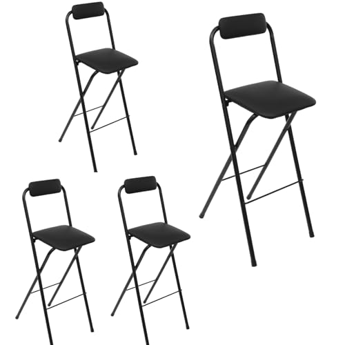 4 butacos plegables con respaldo, sillas altas de bar de 30 pulgadas, taburetes plegables acolchados con cojín, butaco plegable para exterior, camping, cocina, tienda o cafetería (4 unidades, color negro)