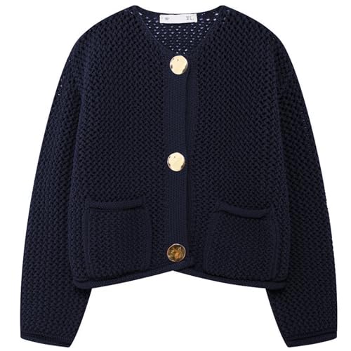Image of Wyeysyt Womens Cropped Cardigan Sweaters Chunky Knit Gold Button Down Open Front Cardigan Long Sleeve Crop Crochet Sweaters