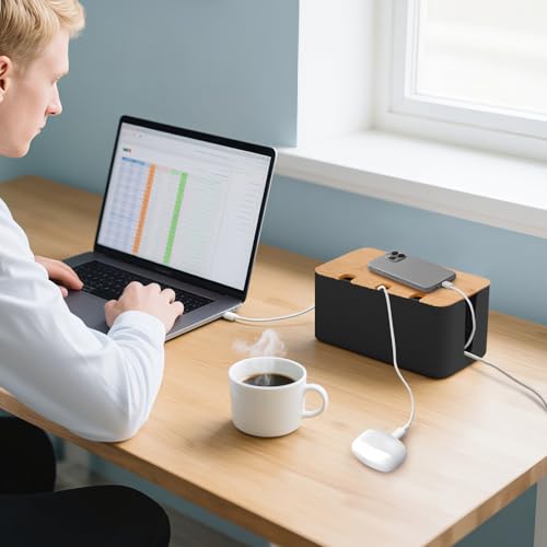 HOMIKLSA 3 Stück Kabelbox Schwarz,Kabelmanagement box für Kabel mit Bambusdeckel,Kabel Organizer zum Verstecken von Kabeln Organisieren von Computerverkabelung und Losen Kabeln