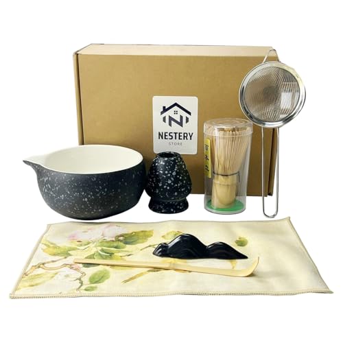 Matcha Tea Set - Complete 7 Piece Kit with Ceramic Bowl (Chawan), Bamboo Whisk (Chasen), Whisk Holder, Scoop, Scoop Stand, Sifter & Tea Towel - Ideal Japanese Matcha Starter Set for Tea Ceremony