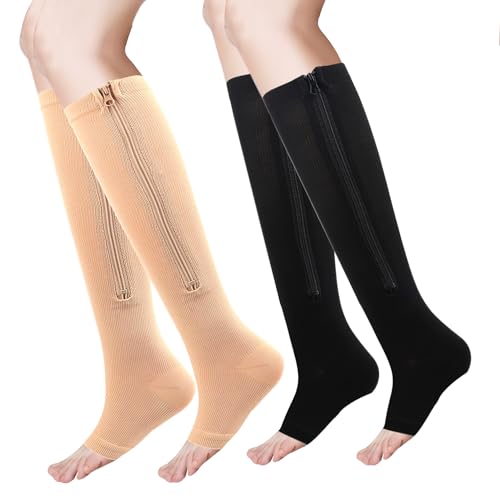 2 Pairs Zipper Compression Socks for Men Women, 15-20mmHg Open Toe Compression Stockings with Zippers, Black Nude Knee High Compression Socks for Running Travel