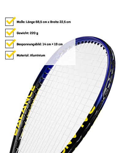 Foto von JELEX Power One Squashschläger aus leichtem Aluminium, robust und bruchsicher, mit ergonomischem Griff. Bespannung-Bild: 14 × 19, Gewicht: 220 g. Für Damen und Herren in Dunkelrot und Navy (Navy)