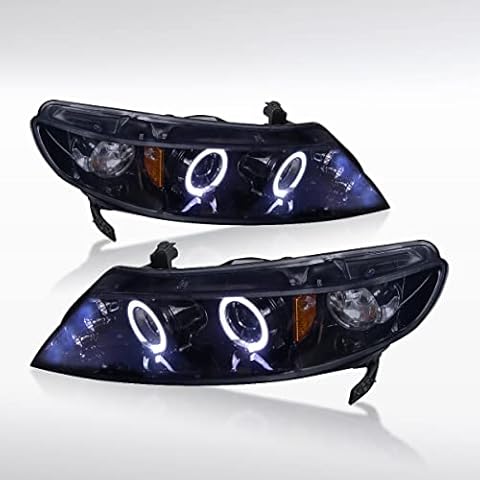 AUTOZENSATION Compatible with 2006-2011 Honda Civic 4 Door Sedan, Left + Right Pair Headlamps Assembly, LED Twin Halo Projector Headlights Glossy Black Housing Smoke Lens Cover