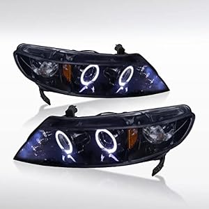 AUTOZENSATION Compatible with 2006-2011 Honda Civic 4DR sedan LED Twin Halo Projector Headlights Glossy Black Housing Smoke Lens L + R Pair Headlamp