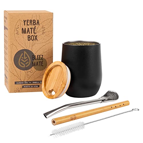 Pack Calebasse Maté Bombilla Bambou [Tasse Double Paroi isotherme Acier 350ML + 2 Bombillas + Kit d'entretien + Pochette] avec Couvercle en Bois naturel Ensemble à...