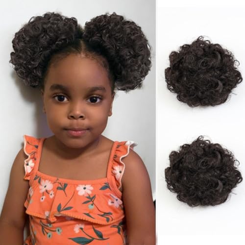 MKJVEN 2 Pieces Small Afro Puff Ponytail Dark Brown Messy Hair Bun For Kids High Puff Hairstyle for Girls(4Dark Brwomn)