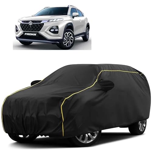 Image of Sulfar 100% Water Resistant Car Body Cover Compatible with Mirror for Maruti Suzuki Fronx (Triple Stitched, Full Bottom Elastic, Black Tafetta with Yellow Piping)