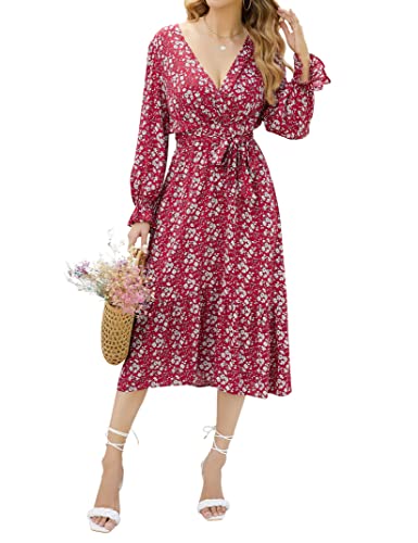 KOJOOIN Damen Elegant Kleider V-Ausschnitt Boho Langarm Kleider Lange...