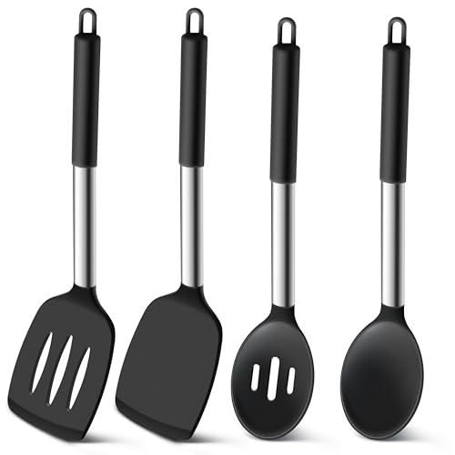 Homikit Black Kitchen Utensil Set, 4Pcs Silicone Turners Spoons for Cooking Serving Mixing, Heat Proof & Safe for Non-Stick Cookware, Stainless Steel Handle & Dishwasher Safe