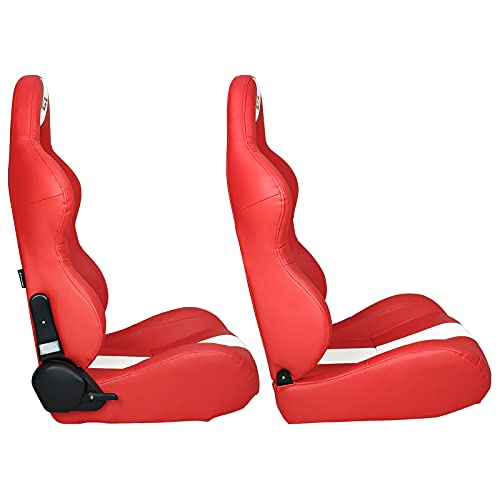 Ikon Motorsports, Universal Racing Seats Pair With Dual Sliders, Red Pu Leather White Stripe Reclinable Left Driver Side + Right Passenger Side #TOP2