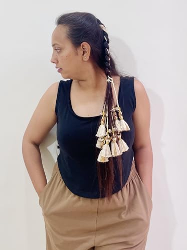 Image of Zippy Flora Handmade Shankh Boho Parandi | | Traditional Hair Accessory with Tassles | Hair Extension |Women's Patiala Shahi Paranda | Choti |Shankh Parandi (Off-white) | 22 Inches Length
