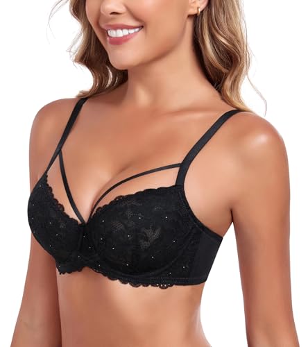 Lemorosy Push Up BH Damen Mit Bügel Große Brüste Starker Halt Ungepolster Vollschalen Spitze Blumen Große Größen BHS (Schwarz,85D)