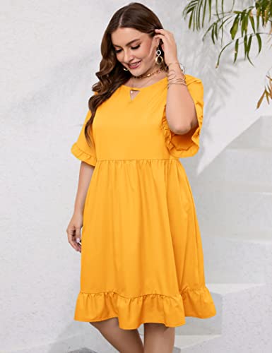 Kojooin Women's Plus Size Keyhole Neck Ruffle Sleeve Casual Dress A Line Swing Babydoll Midi Dresses (Lemon Yellow,5Xl) #TOP4