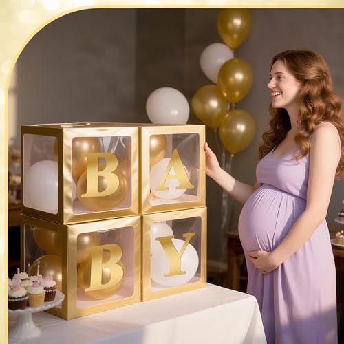 Image of Ledido Baby Boxes with Letters for Baby Shower Decorations with 38 Balloons, 4 pcs Clear Baby Balloon Boxes Blocks for Baby Shower Decor Boy Girl Gender Reveal Decorations Backdrop Party (Gold)