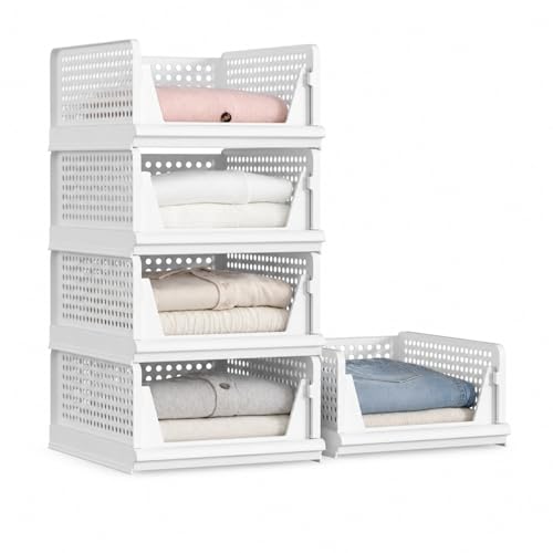 Proarea 5 Pack Stackable Storage Bins, Closet Organizers and Storage, Foldable Closet Organizer Baskets for Clothes, Plastic Drawer Bins for Closet Organization, Wardrobe Shelf, Laundry Room, White