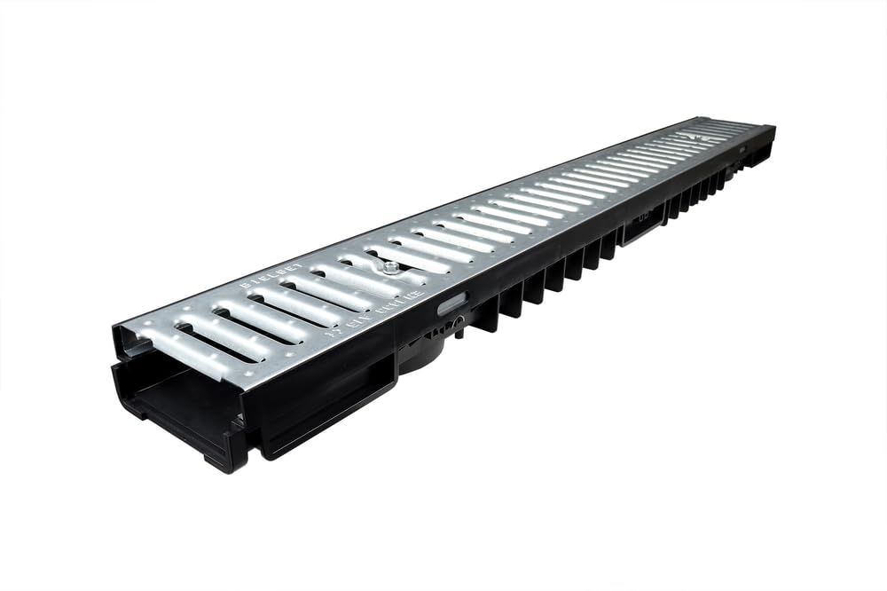 MCH Caniveau de drainage avec grille en acier, 100 x 13 x 5,5 cm, charge maximale 1,5 t, raccord DN110, kit complet de 10 m