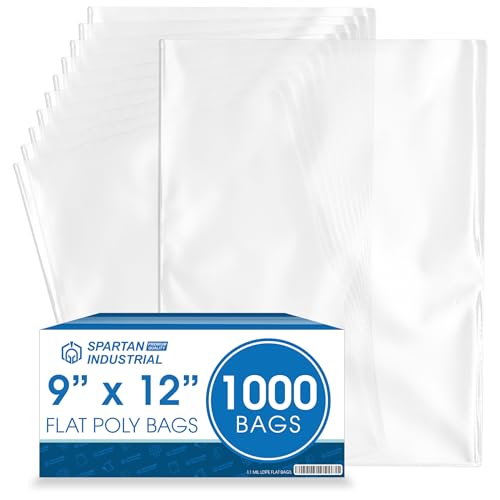 9 X 12 Open-End Flat Clear Poly Bags (1000 Count) - 1.1 Mil Plastic Clear Poly Bags for Clothing Packaging Shipping Storage - No Adhesive Strip - Spartan Industrial