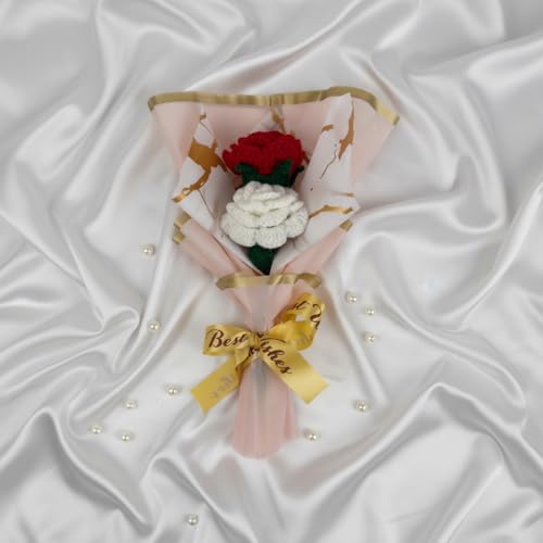 Image of HindCraft Handmade Crochet Flower Bouquet | Red & White Rose Knitted Flower Bouquet | Artificial Forever Flowers for Gift, Anniversary, Birthday, Valentine, Room Decor
