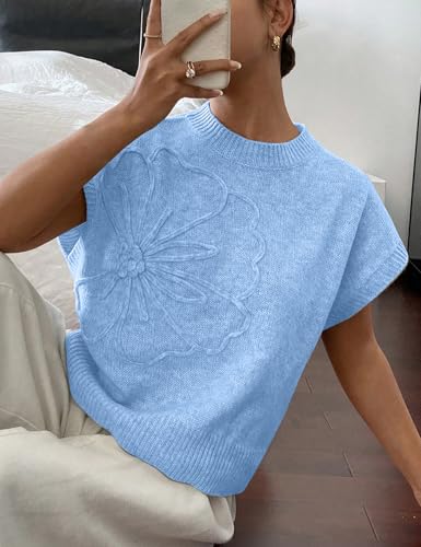 Image of 2026 Womens Floral Sweater Vest Cute Cap Sleeve Tops 3D Flower Decor Knit Tank Top Loose Spring Fall Summer Clothes