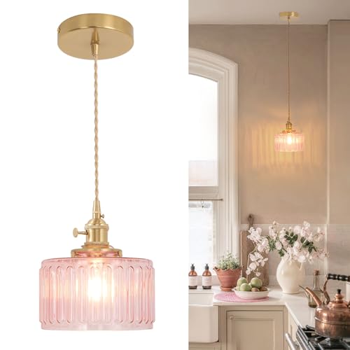 Image of Shenmoyl Pendant Light with Pink Striped Glass Lmapshade, Brass Vintage Pendant Light Adjustable Hanging Light for Kitchen Island Dining Room Hallway