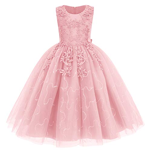Flower Girl Lace Dress for Kids Wedding Bridesmaid Pageant Party Formal Long Maxi Gown Big Little Princess First Communion Birthday Dance Prom Beaded Sequins Puffy Tulle Dresses Pink 11-12 Years