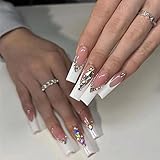 BABALAL Coffin Press on Nails Long Fake Nails White French Tip Glue on Nails Ballerina Rhinestone Acrylic Nails 24Pcs Long Bling Luxury Nails for Women and Girls