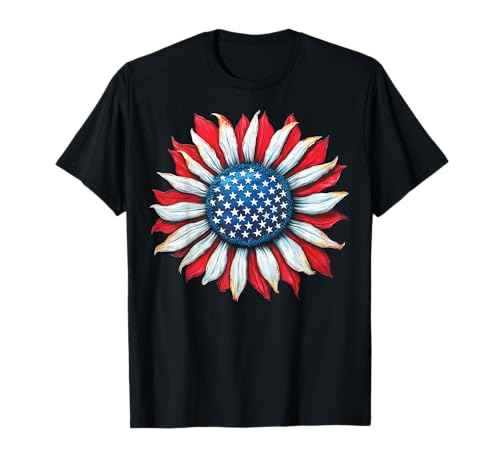 Drapeau Américain Tournesol 4 Juillet Femmes Hommes Merica USA T-Shirt