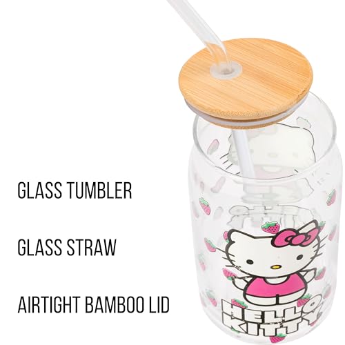 Image of Silver Buffalo Sanrio Hello Kitty Strawberry Glass Jar Tumbler with Bamboo Lid and Glass Straw,16 Ounces,(Pack of 12)