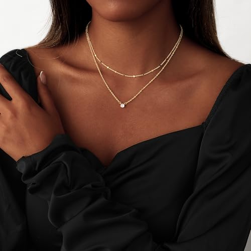 Coshilta Layered Gold Necklace for Women Trendy，Dainty 14K Gold Plated CZ Pendant Layered Gold Necklaces Set Choker Necklaces Simple Cubic Zirconia Necklace Stack Chain Jewelry Gift
