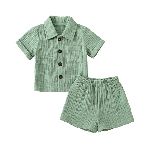Image of Baby Boys Clothes Set Toddler Infant Boys Button-down Shirt Tops + Cotton Gauze Shorts Summer Outfit 2PCS with Pockets
