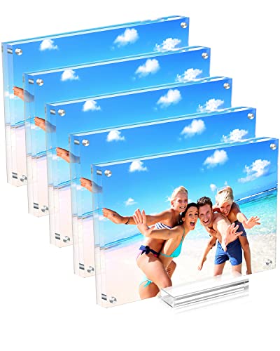 Tneltueb 5 Pack Acrylic Magnetic Picture Frame 4×6 Double Sided Clear Photo Frame - Frameless Display Floating Frame With Stand For Home Wedding Antique Documents #TOP19